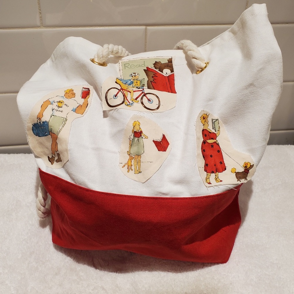 BEACH/BOOK BAG, Rope Handles with Vintage Patches